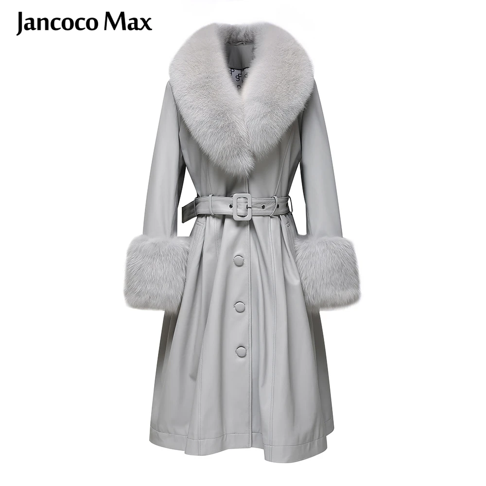 Windproof Genuine Leather Trench Coat Women Long Jacket With Fox Fur Collar