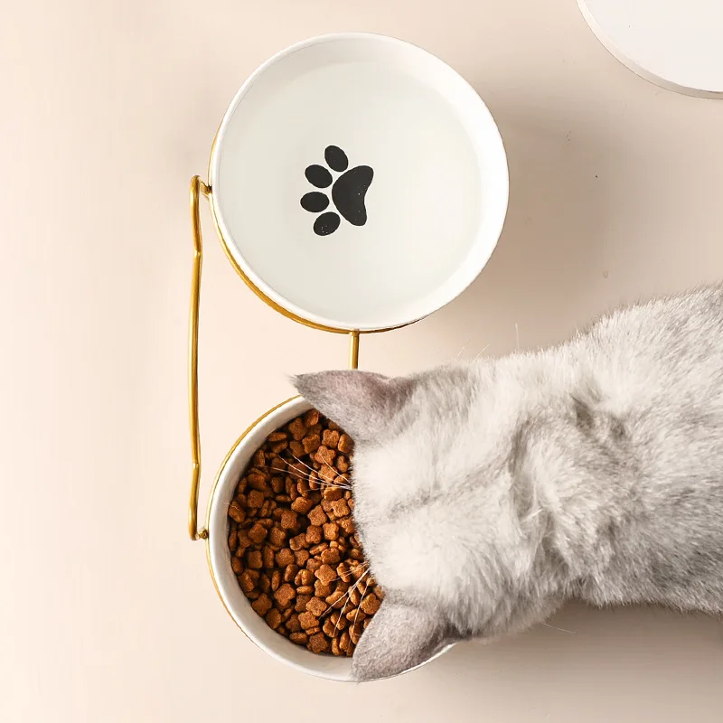 Manufacturer New Design Pet Bowl Protect The Spine Cute Cat Footprint Ceramic Cat Food Double Bowl