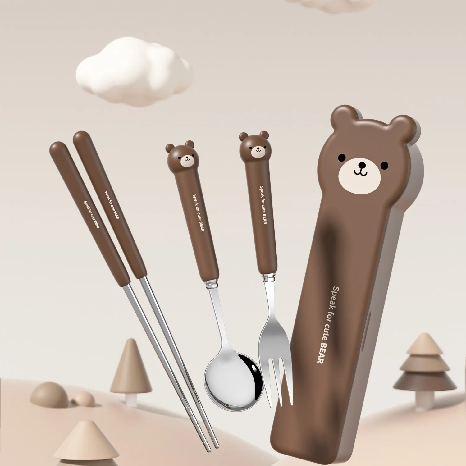 Lovely Bear Kids Cutlery Set Stainless Steel 304 Travel Cutlery Set with Case Children Fork Spoon Chopsticks  Flatware Set