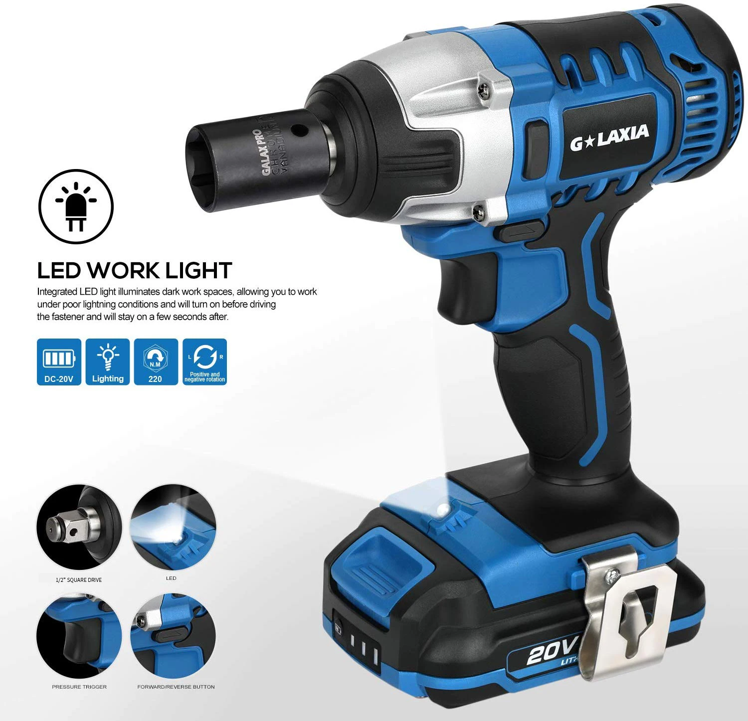 Galaxia good quality 20V lithium Cordless Brushed power tools 220N.m Impact wrench