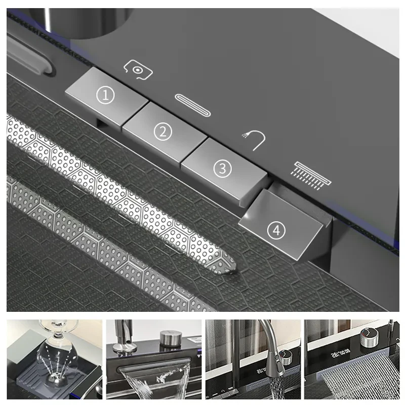 Delux Black Stainless Steel Sink Kitchen Single Slot Multifunction LED Digital Display Waterfall Smart Kitchen Sink Cup Washer