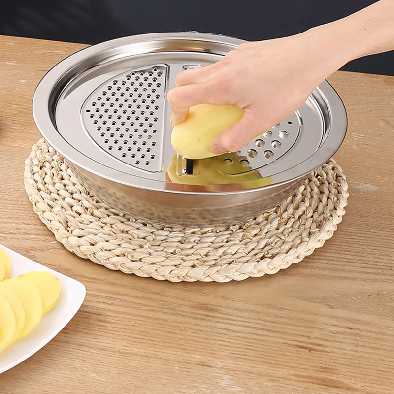 Stainless Steel Kitchen Tool Vegetable Cutter With Drain Basket Washing Bowl 3 In 1 Colander For Kitchen