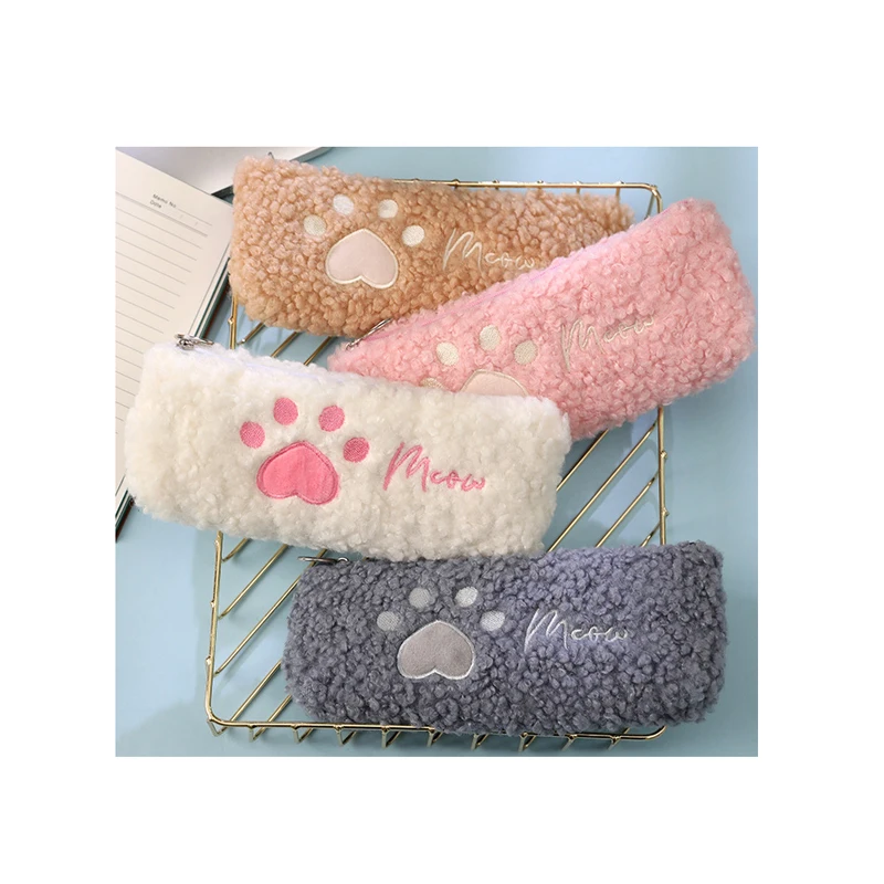 Wholesale cute soft plush embroidery cat paw pencil case kawaii pen pouch stationery school pencil case for girls
