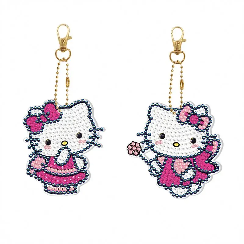 Diy Round Diamond Painting Hello Kitty Keychain With Light Kid Craft Set Diamond Mosaic Accessories Crystal Pendant Factory Sale