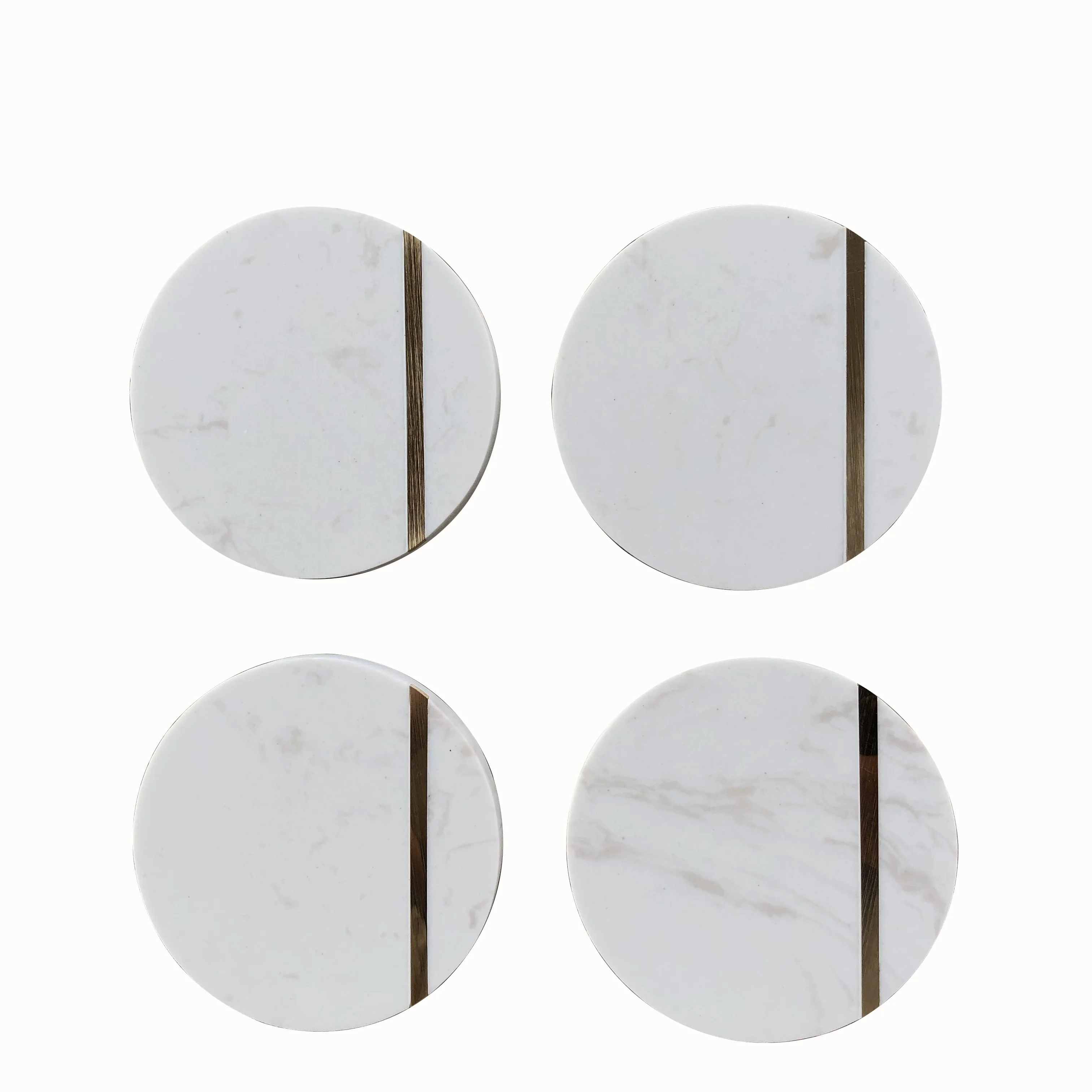 Marble Coaster 10cm  Wide Drink Coasters - White Marble Coasters with Gold Brass Inlay set of 6