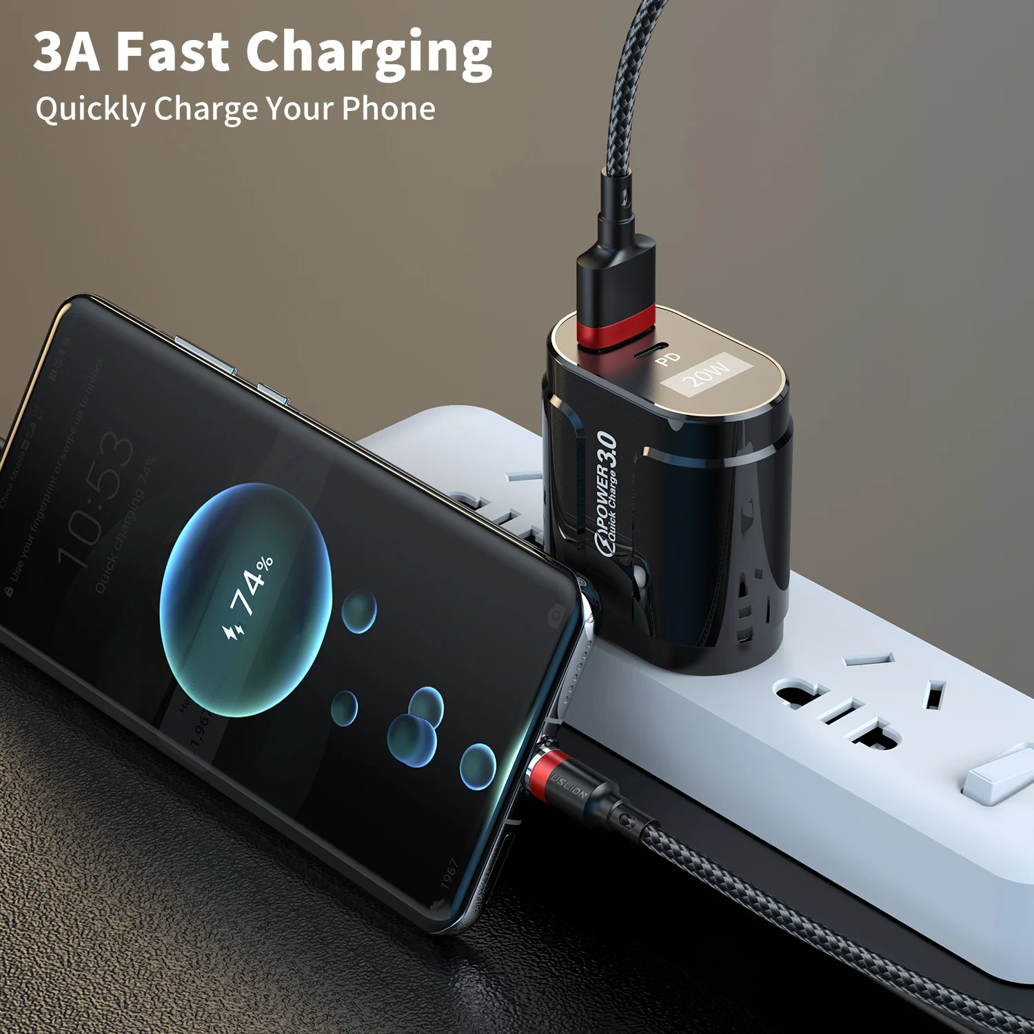 USLION 3 In 1 2M Magnetic Charging USB Data Cable 3A Fast Charger Cable 360 Rotate