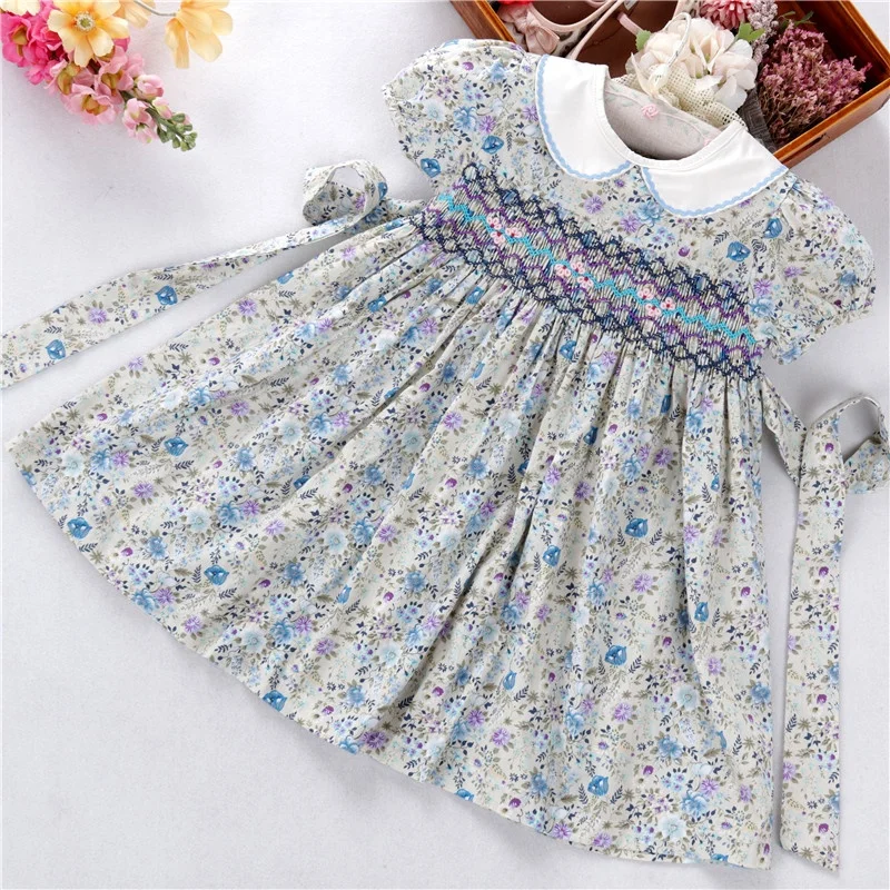 C06168 summer girls dresses baby smocked clothing blue flower summer floral peter pan collar wholesale kids outfit