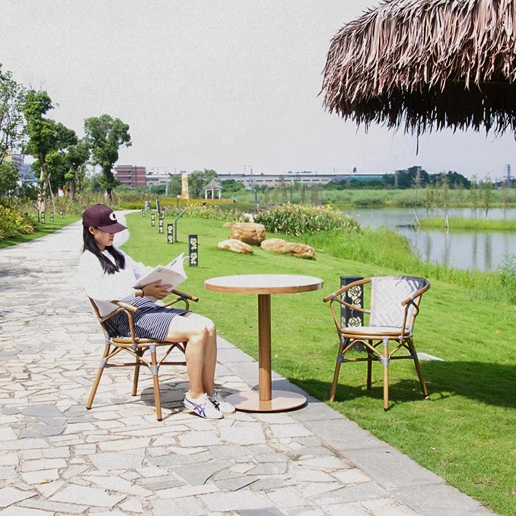 Modern Outdoor Furniture French Bistro Rattan Wicker Stackable Metal Chair Cafe Garden Patio Terrace Chair And Table Dining Set