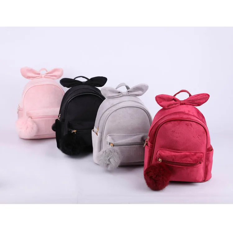 Pure Color Girl Rabbit Ears Backpack New Fashion Velvet Short Plush Backpack