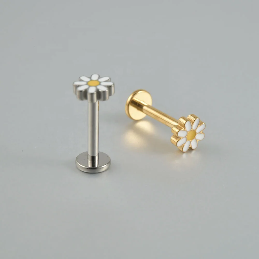 ASTM F136 Titanium Threadless Labret Ear Helix Tragus Daisy Flower Flat Back Push-in  Earring Piercing Jewelry