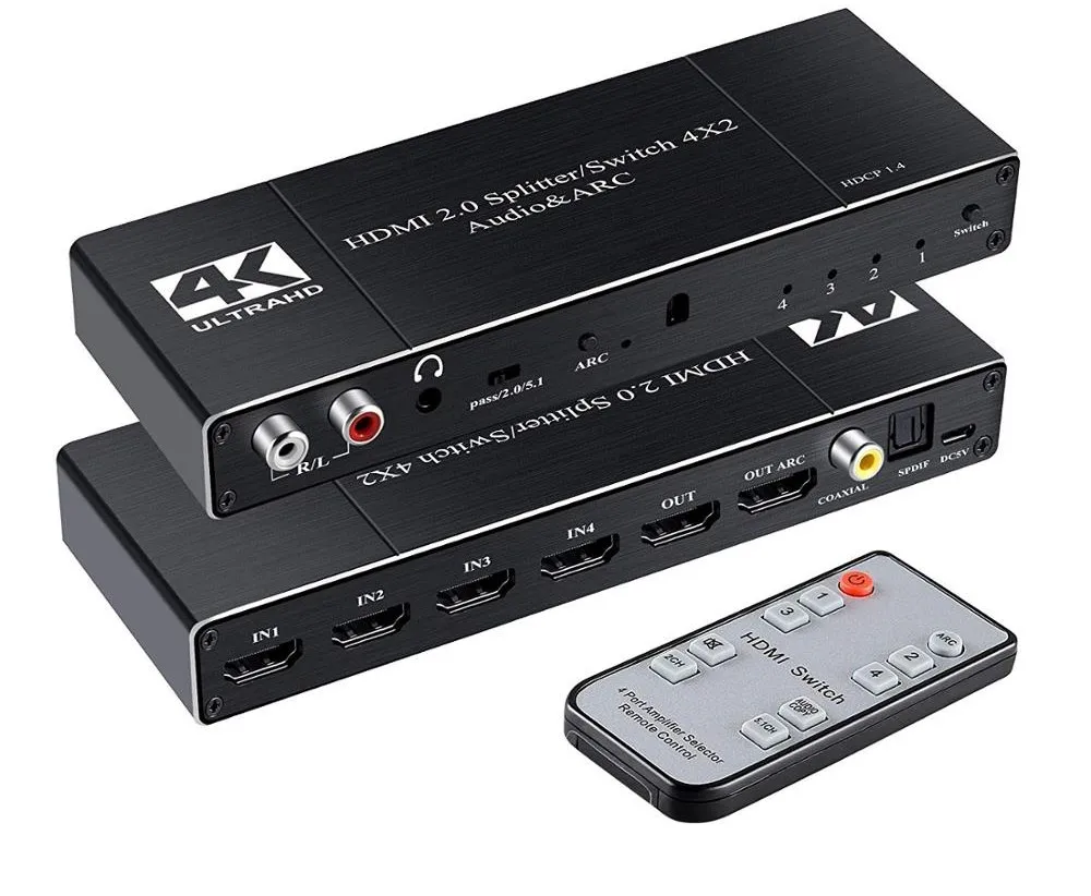 4 в 2 выход 4x2 HDMI2.0 переключатель аудио и дуга 3,5 мм разъем для наушников и оптический коаксиальный x 1 R/L аудио