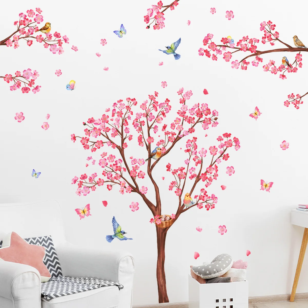Pink Plum Blossom Tree Wall Sticker butterfly dancing gracefully Decals Living Room Decorative Wallpaper