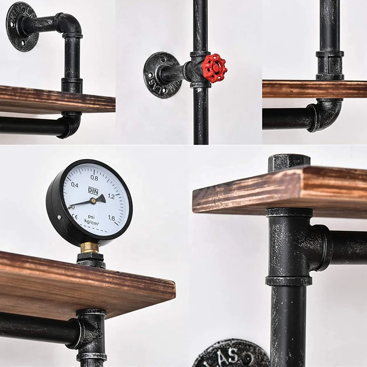 Industrial Floating Pipe Wall Shelves - Rustic Wood Shelving - 4 Layer Ladder Hanging Bookshelf