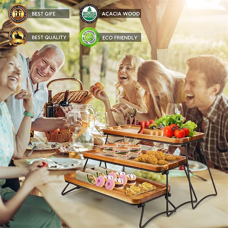 acacia wood foldable 3 tier serving tray for party