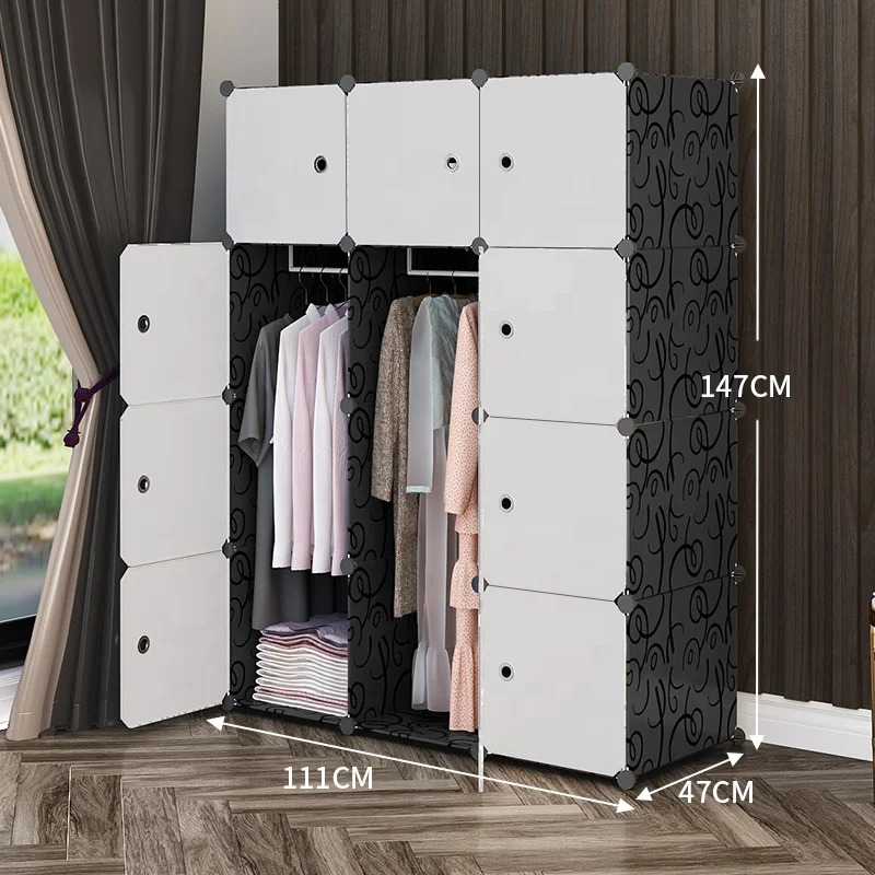 Factory wholesale 12 cubes black with white door clothes closet cabinet portable hanging armario plastic wardrobe