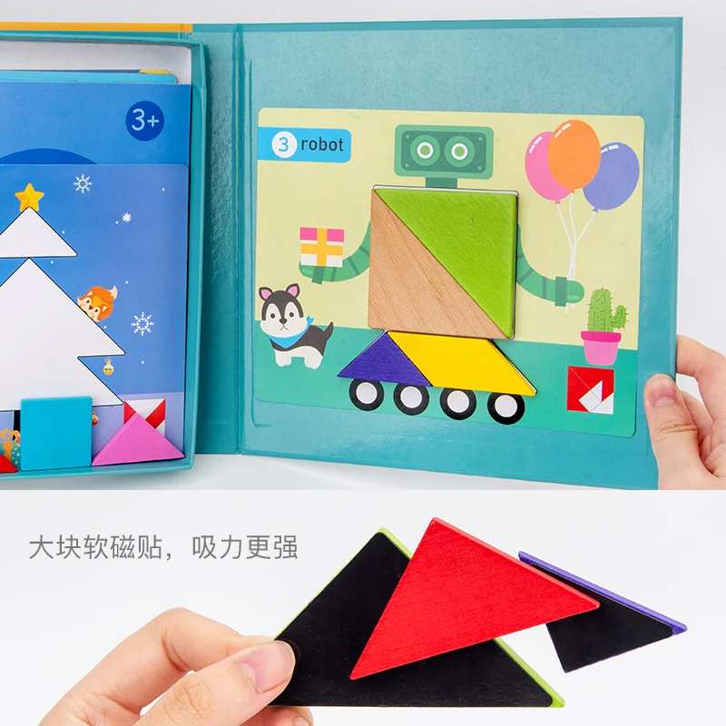 Factory direct Educational Tangram Woodiness Puzzle Game Book for Kids Magnetic Wooden Tangram Puzzle Toys