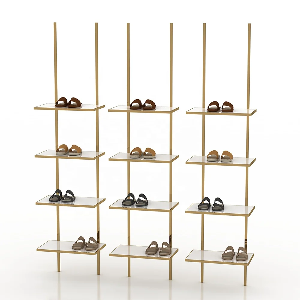 Yiree Custom fashion retail sneaker brand boutique store fixtures fittings metal gold wall shoe display for sport shop