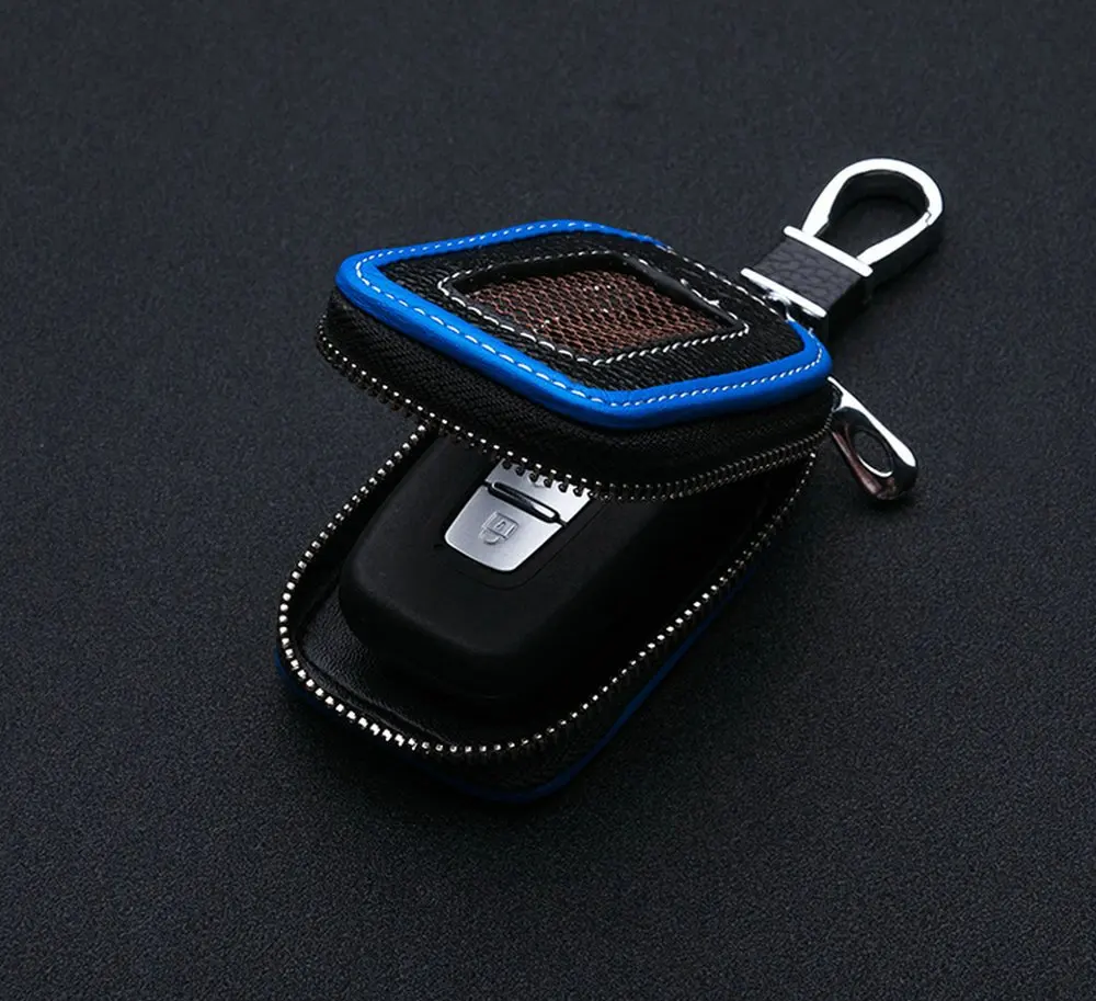 High quality leather automatic key fob holder smart key chain protective cover with metal hook and zipper