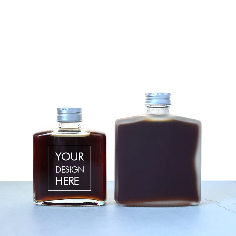 In stock 50ml 100ml 200ml 250ml  bevel shoulder flat  cold brew coffee bottle custom color black  flat glass drinking bottles