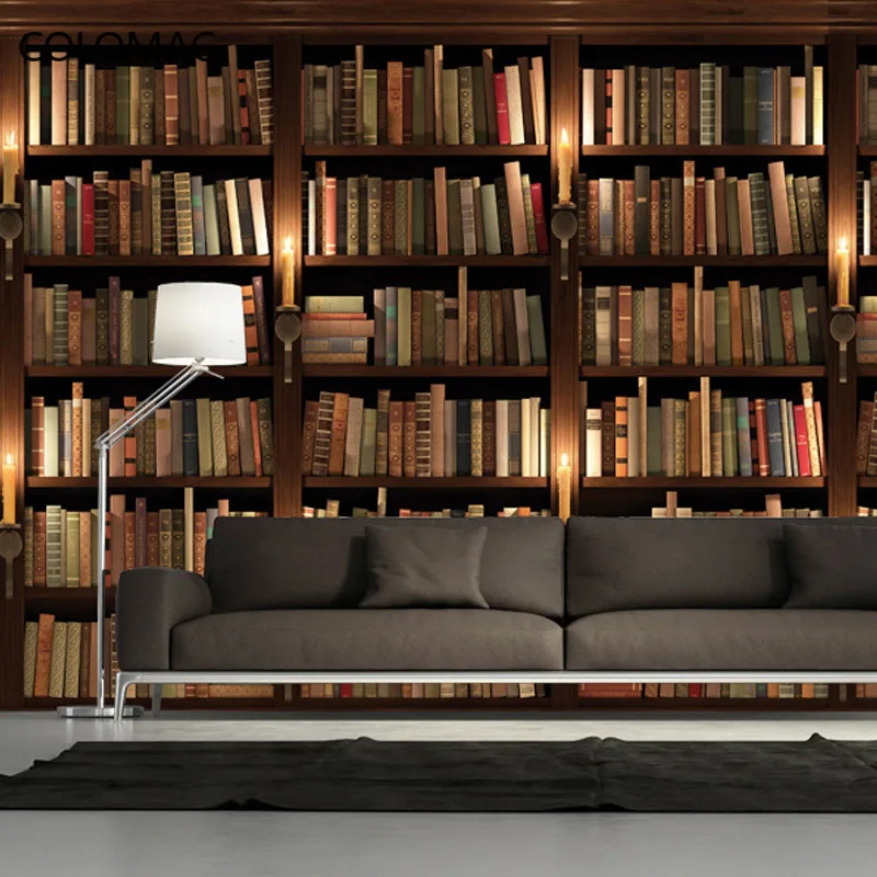 Custom Photo Wallpaper 3D European Style Retro TV Background Wallpaper Mural Wall Bookcase Books Bookshelf Mural Peel And Sick