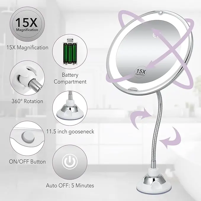 Portable 15X Magnifying flexible mirror wall mirrors home decor modern round miroir Suction Cup Shower Bathroom Shaving