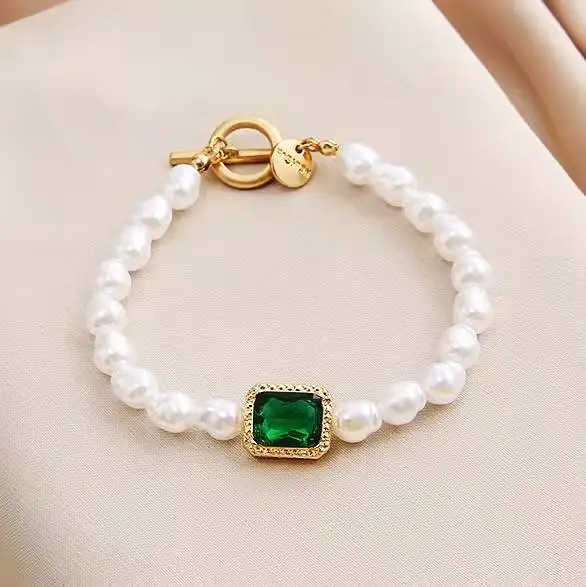 Baroque Full Freshwater Pearl Green gem Bracelet Natural Bead Stone Ot Buckle Bracelet