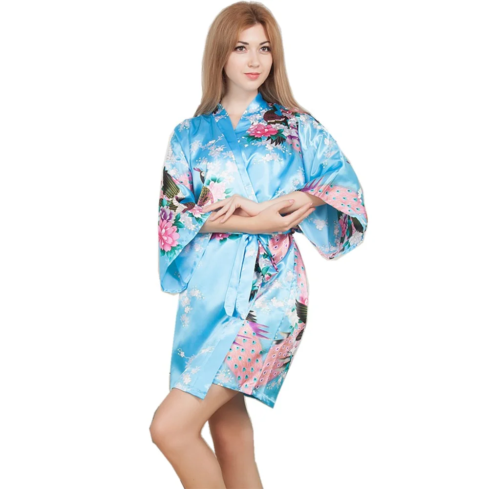 Artificial Silk Robe Ladies Short Peacock Kimono Luxury Nightgown Made in China Superior Quality Summer Women Breathable V-neck