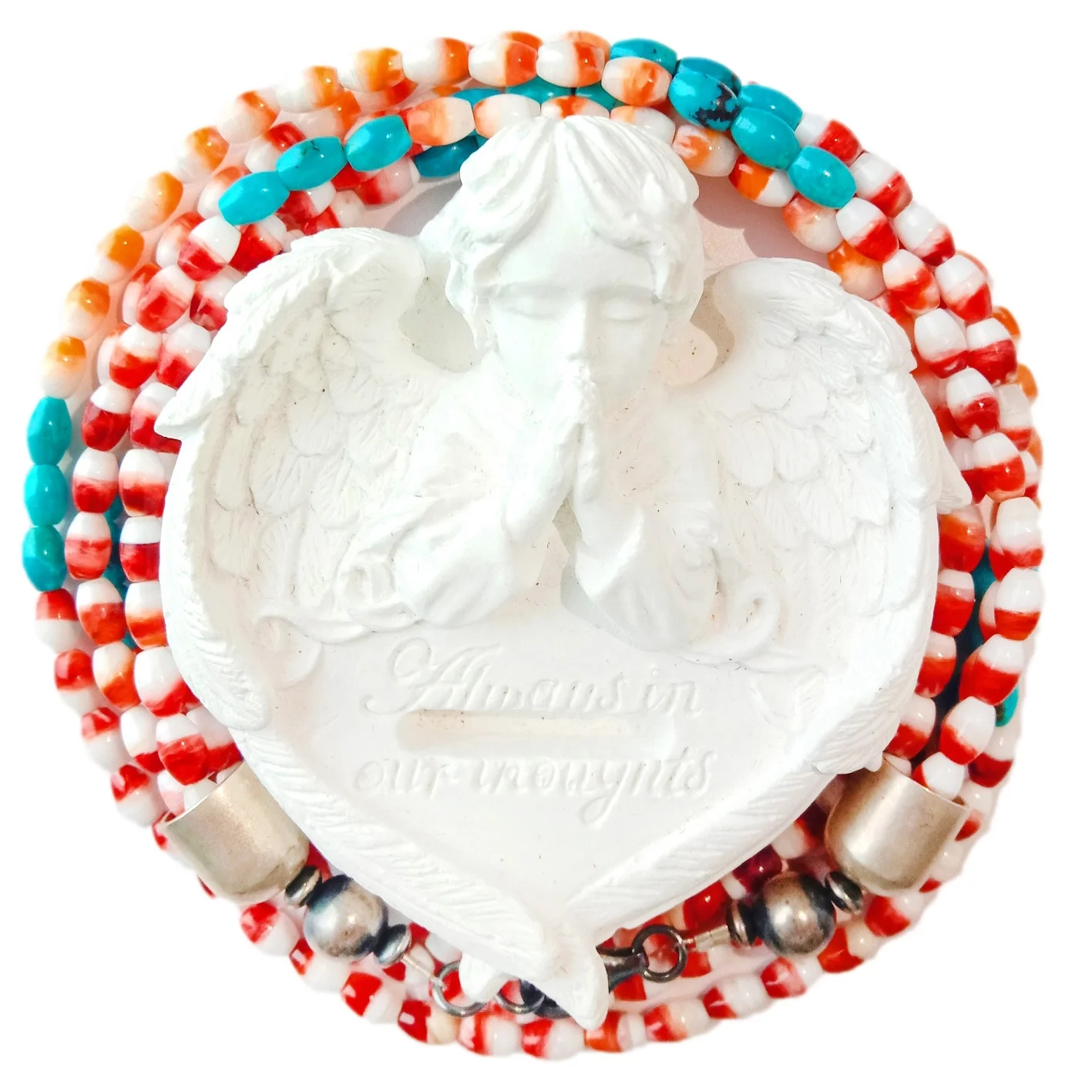 Orange and Red color Spiny Oyster shell beads with Real turquoise Sundance Style Pueblo Necklace