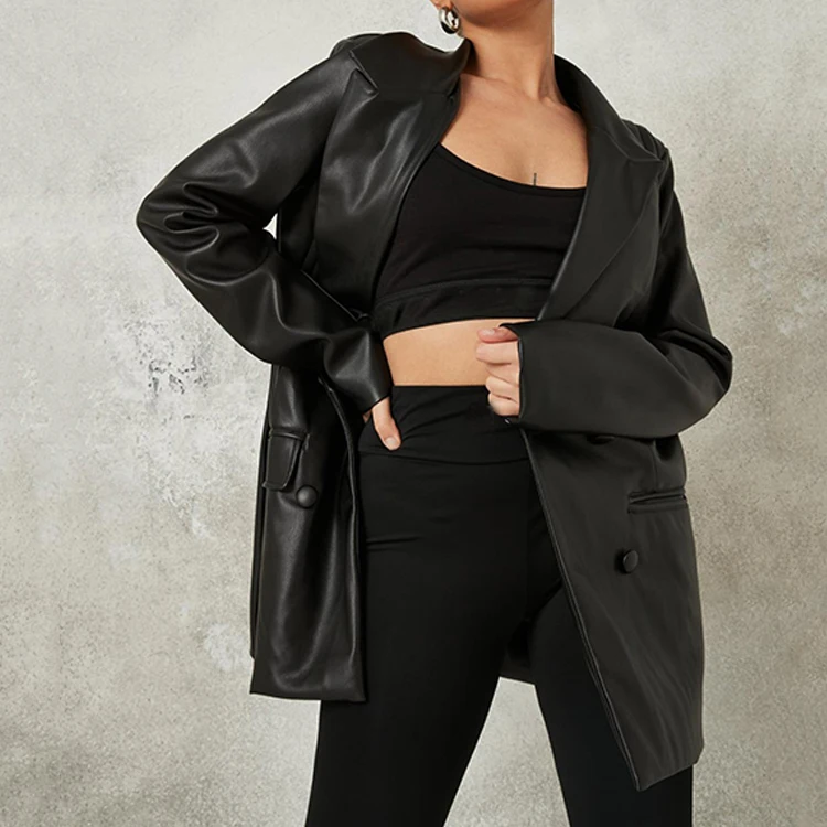 Casual Winter Autumn Button Soft Faux Leather Long Sleeve Oversized Pu Jacket For Ladies