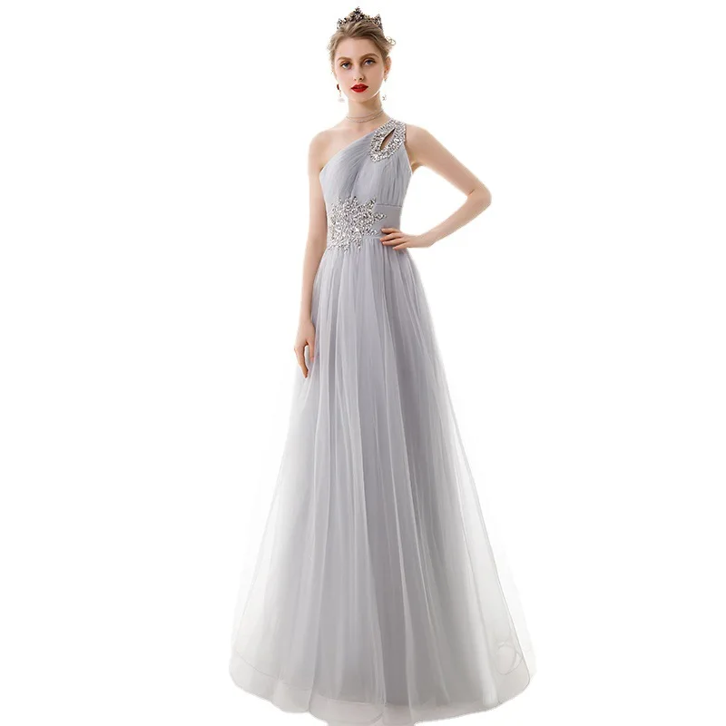 ZX-2474 Spring New Style Light Gray Tulle Evening Dress Autumn Long Length Dinner Party Prom Ball Gown For Women
