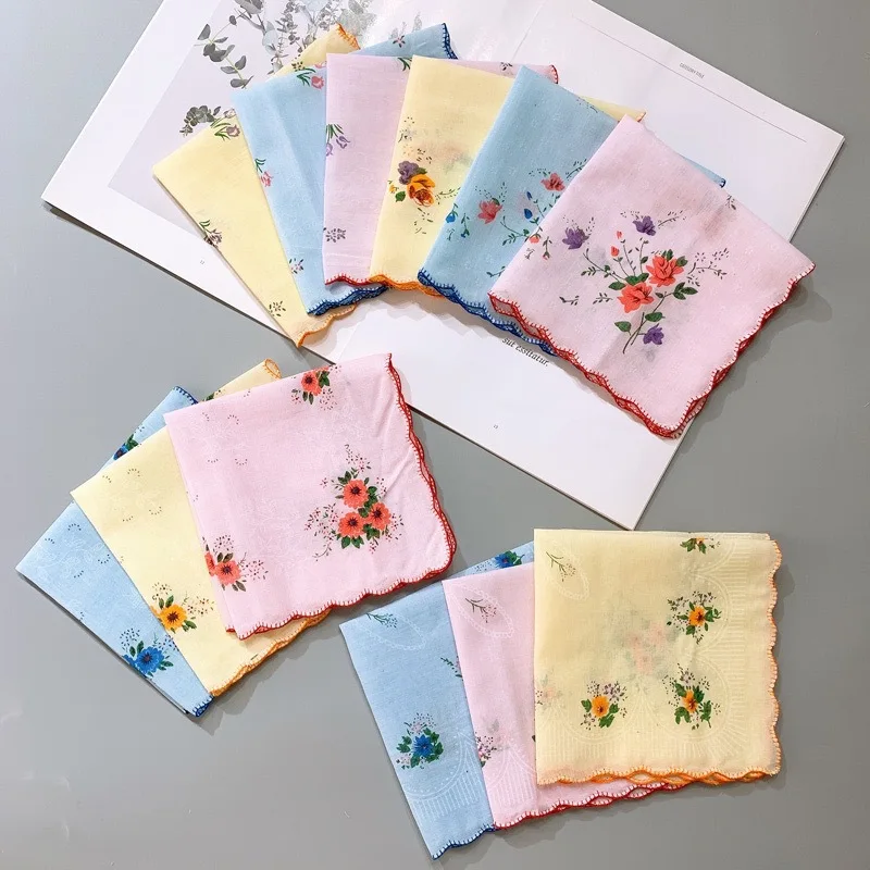 Ladies Pure Cotton Handkerchief with Florets Retro Portable Absorbent Handkerchieves Best Gift for Girls Women
