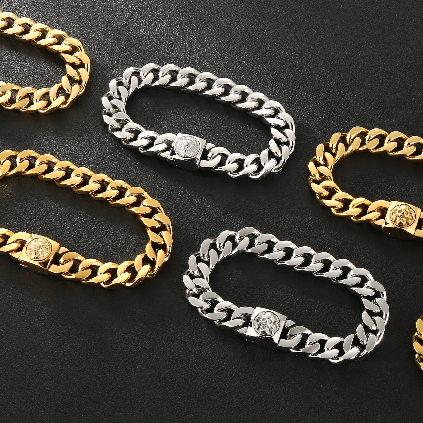 18k Gold Plated Miami Thick Link Lion Skulls Square Clasp Hip Hop Stainless Steel Custom Jewelry 12mm Women Mens Cuban Bracelet