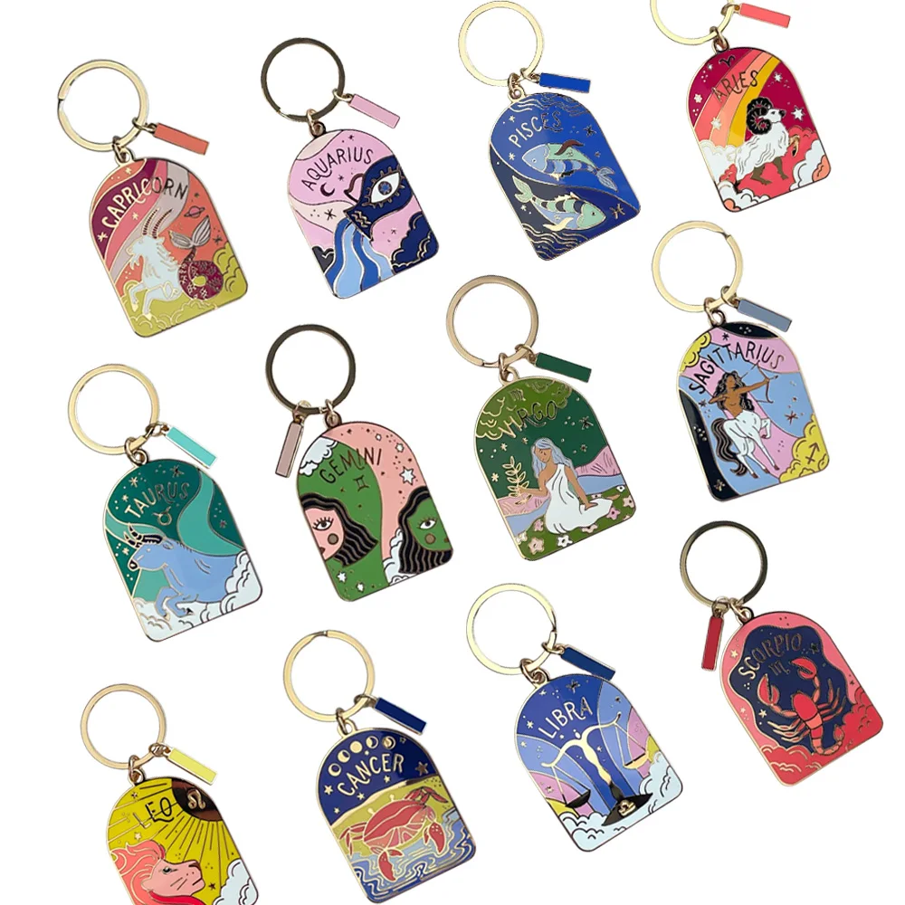 Zodiac Gifts 70s Star Sign Astrology Constellation Keychain Aries Taurus Gemini Cancer Leo Virgo Metal Enamel Keychains Keyring