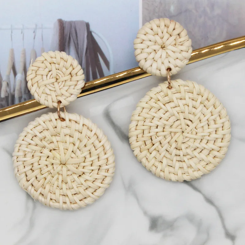 
2019 New Korea Handmade Wooden Straw Woven Rattan Vine Braid Geometric Large Circle Square Long Drop Earrings For Women Girl 