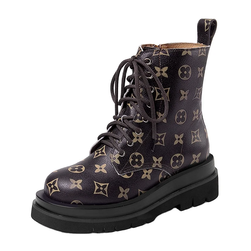 New Motorcycle Boots Genuine Leather Geomitric Women Ankle Boots Platform Thick High Heels Casual Ladies Shoes Cross-Tied Zipper