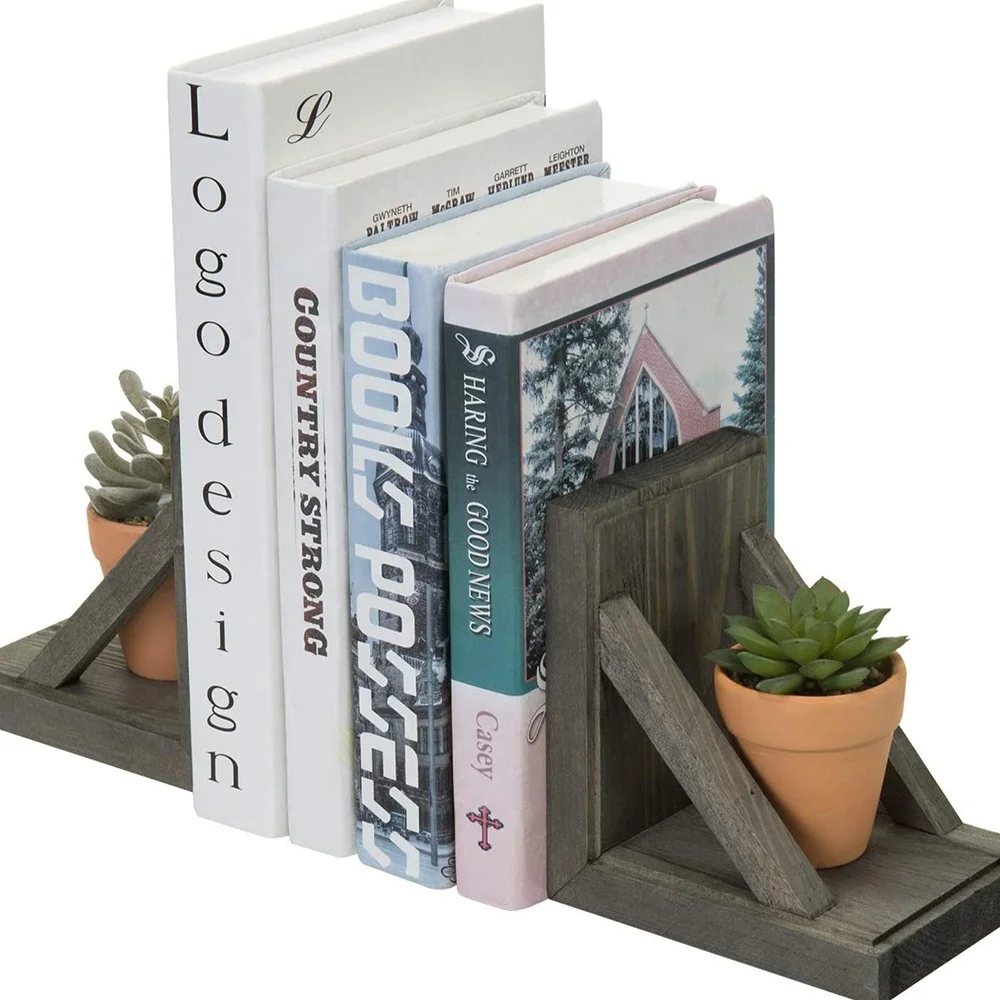 
2 Piece Set Vintage Gray Wood and Brass Metal Decorative Desktop Bookends 