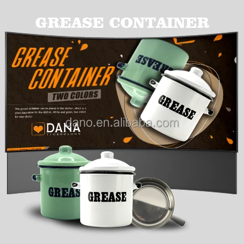 Amazon Hot selling Grease Container Enamel Grease Catcher Enamel Metal food Containers For Grease storage with filter and Lid