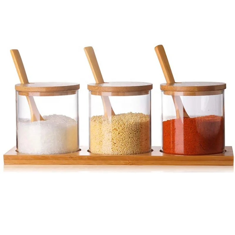 
OEM glass spice bath salt packaging jars canister for kitchen with Bamboo lid and wooden spoon 