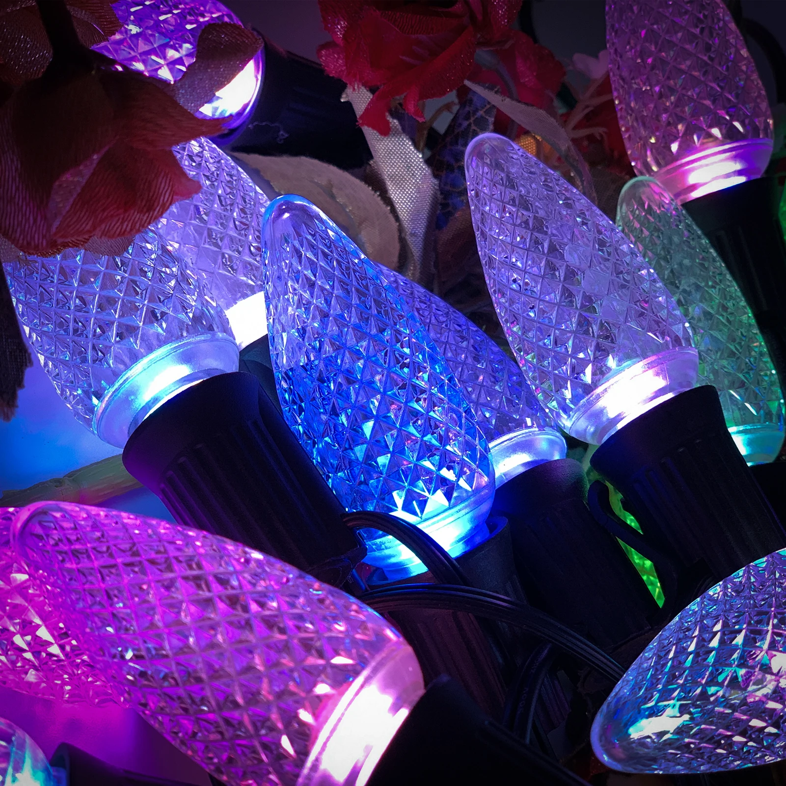 Input AC110-130V/220-240V Output 12V 25FT 25 Sockets Inline E17 Faceted C9 RGB Christmas LED String Lights for Indoor & Outdoor