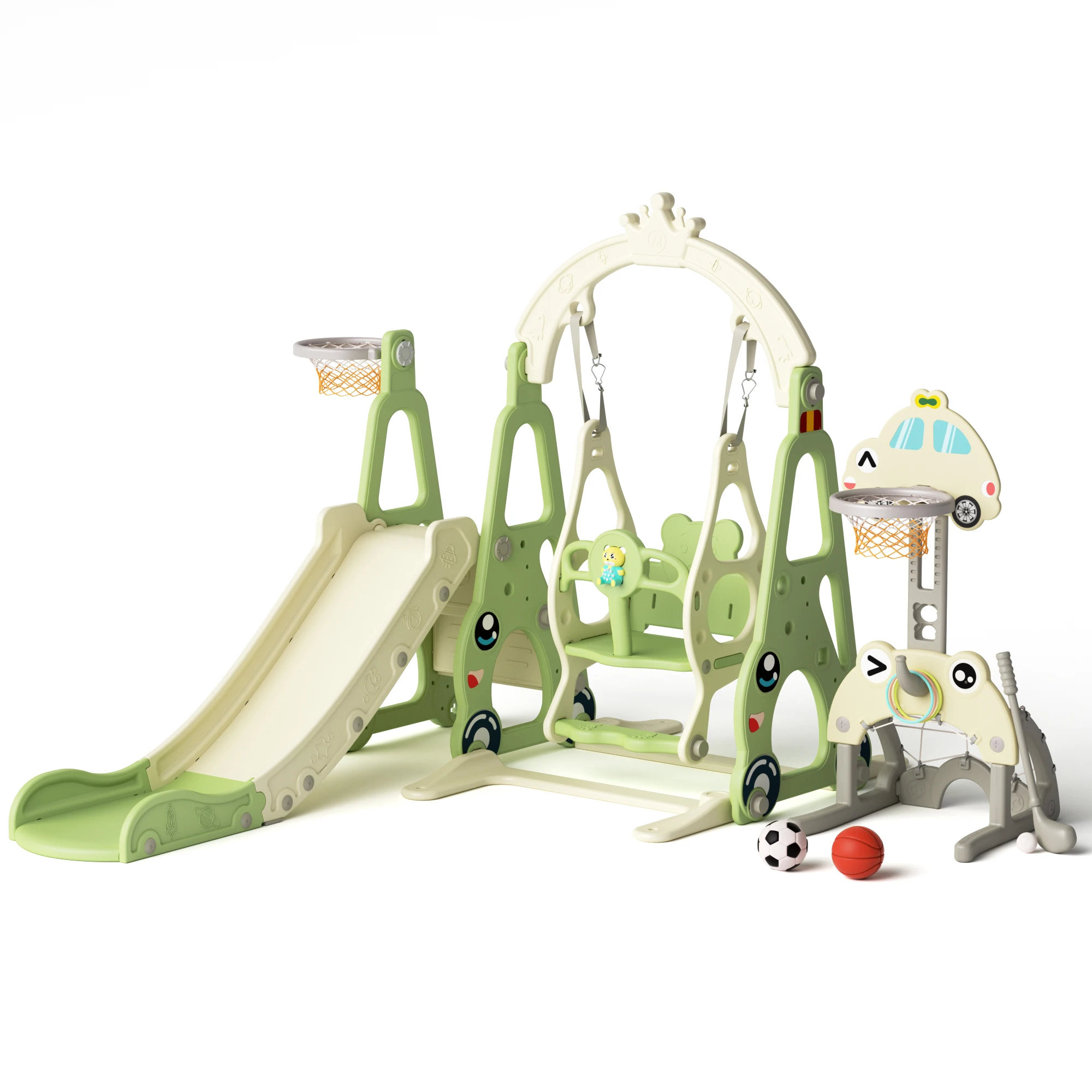 Hot Selling Children Sports Large Plastic Car Model Outdoor Amusement Equipment Slide Trampolin Swing Set Basketball For Kids