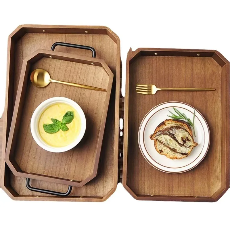 Elegant Custom-Size Walnut and Paulownia Wooden Tray Serving Set Vintage Rectangle Tea Tray with Solid Wood Handle for Home Use