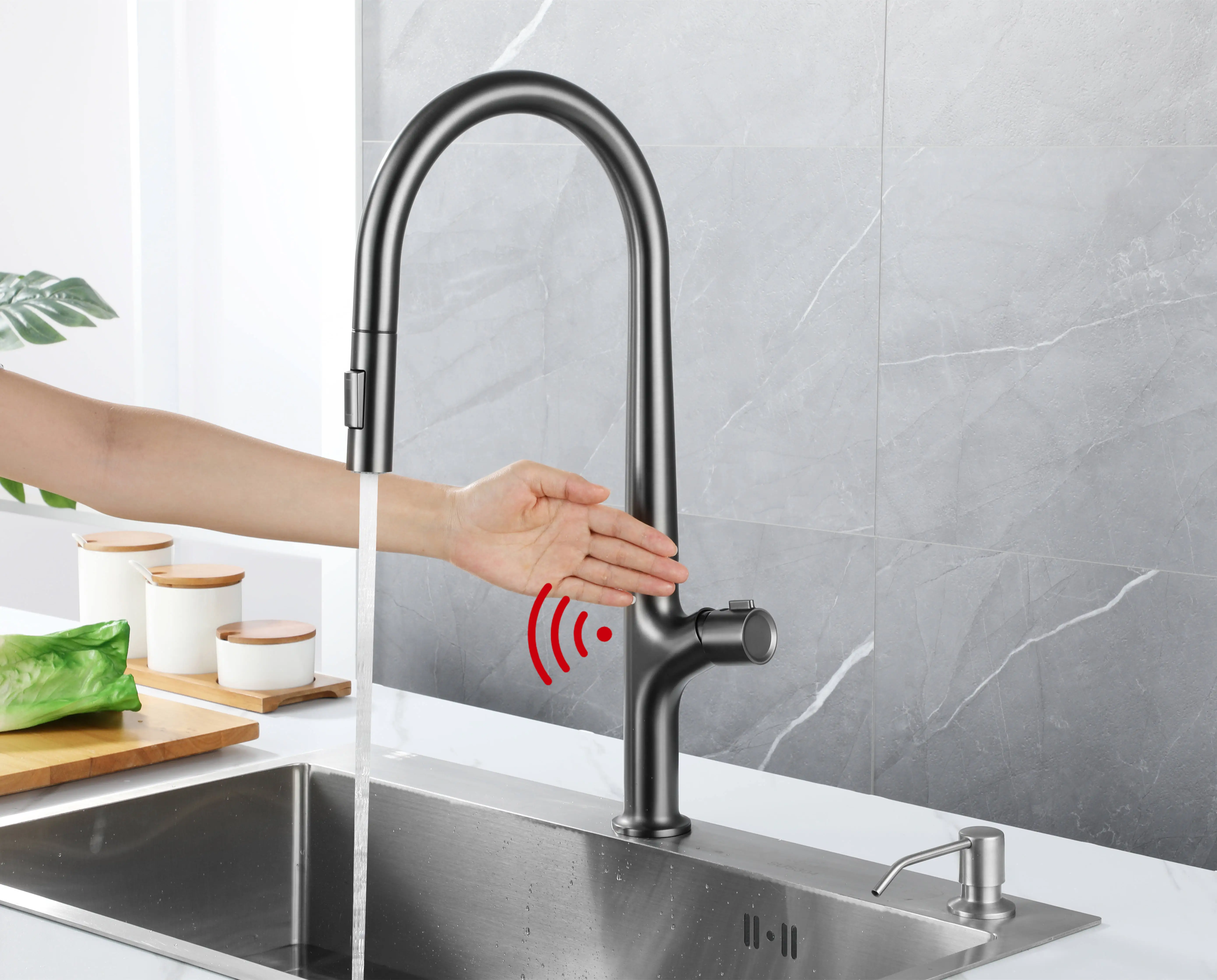 Gun Grey Sensor Touchless Sink Faucet Single Handle Pull Out Kitchen Faucet 2 Functions