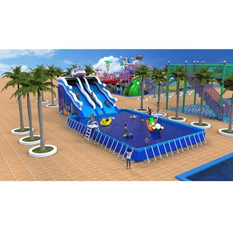 Outdoor PVC Inflatable Mobile Shark water slide park for kids and adult on sale