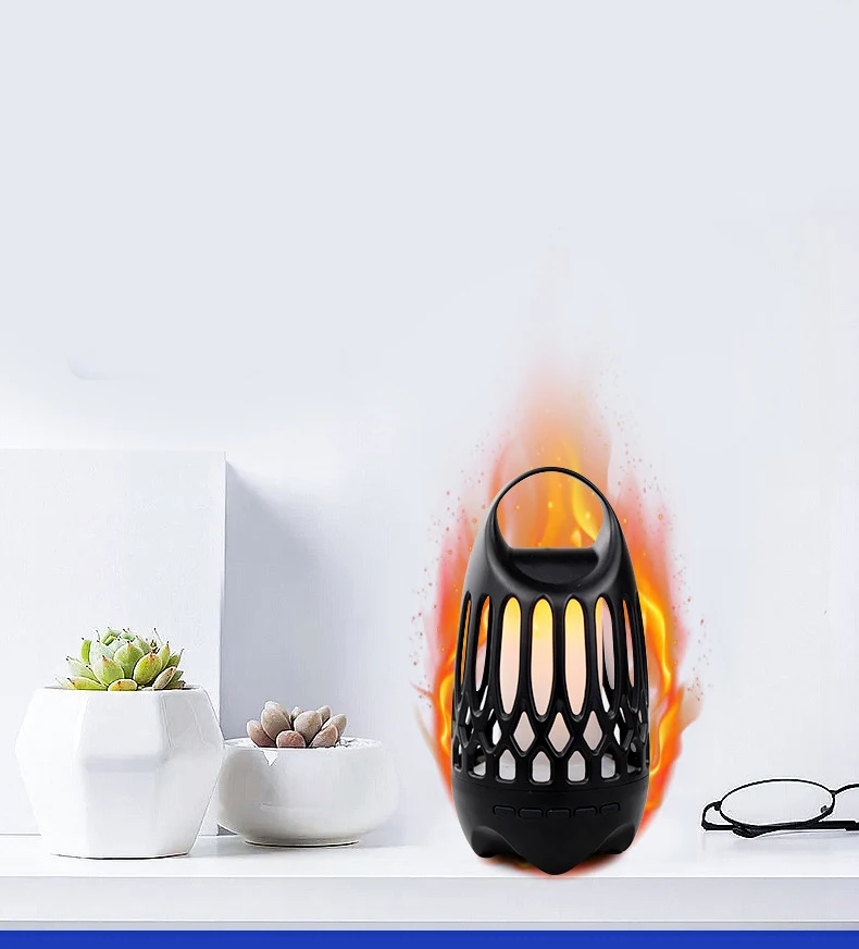 LED Flame Speaker, Wireless 5W 4 ohm Bass 8 Hours Fire Torch Night Light Music Dancing Flicker Atmosphere Table Lamp Speakers