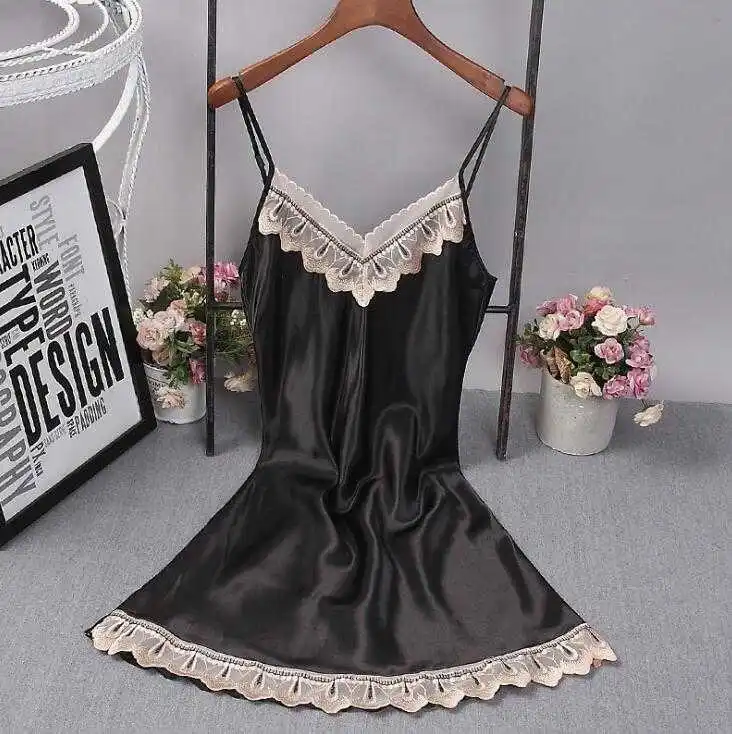 New Pajamas female summer simulation silk sexy nightdress ladies summer lace sleeveless loose large size pajamas high quality