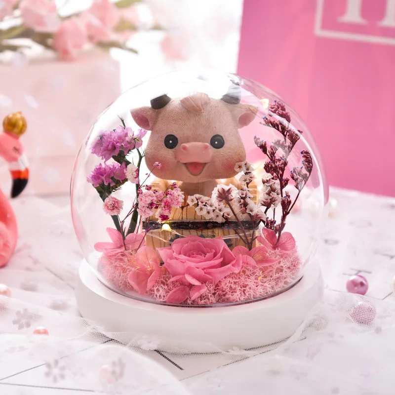 
office home decoration flower dried lucky preserved roses fortune cat with LED light fortune cat in dome glass long lasting rose 