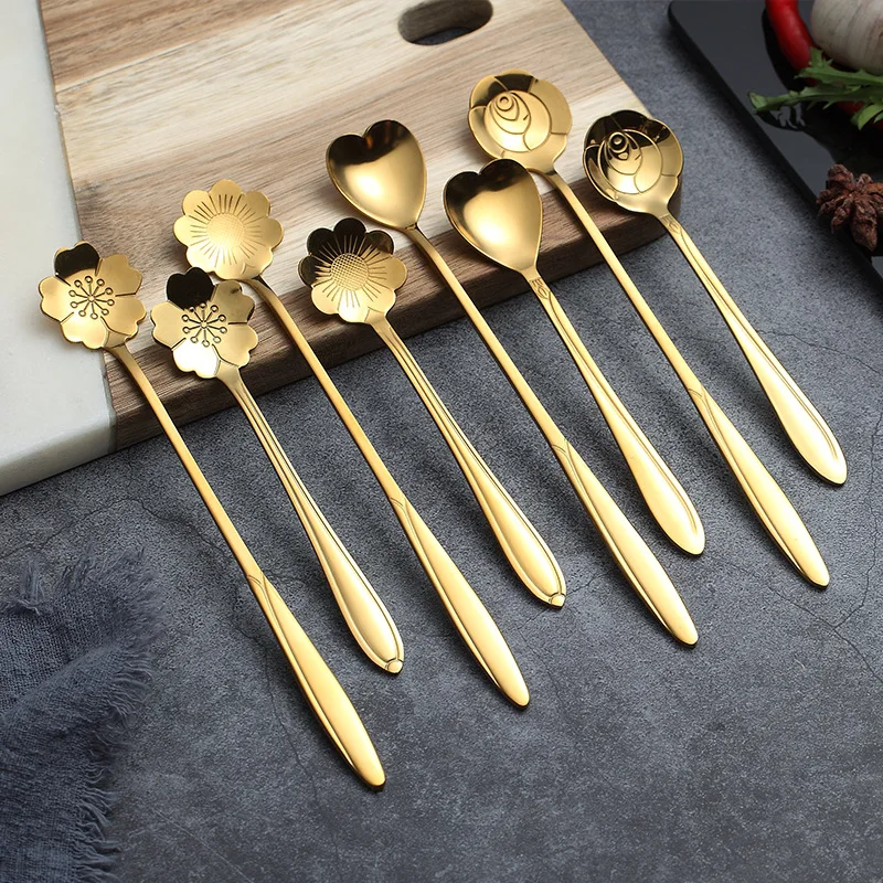 Stainless Steel Creative Chrysanthemum Long Handle Gold Mixing Spoon Petal Dessert Coffee Spoon