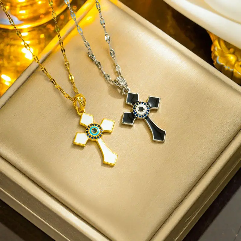Fashion individuality with colored dripping oil cross stainless steel jewelry personality Hip hop popular zircon necklace