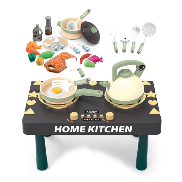 DIY Toy Pretend New Playing Kitchen 31pcs with sound light and spray function Simulation Army green Spray gas stove set