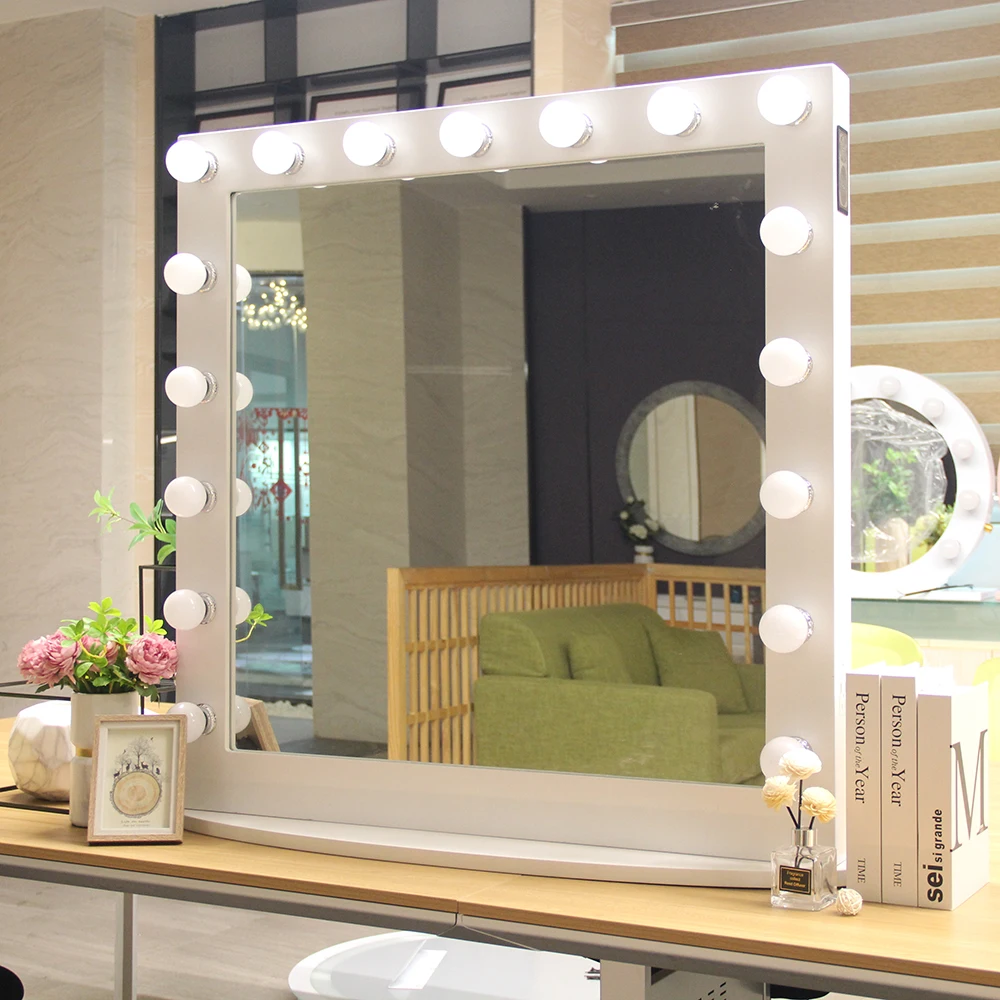 Table Type Square Framed LED Lighted Hollywood Mirror with Charging Socket